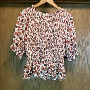 MELLODAY Ivory Floral Blouse Size XL Stretchy Cottagecore Peplum Ruffle